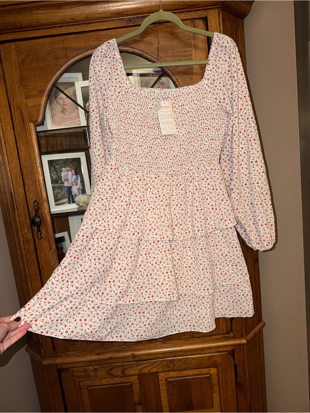NEW NWT Medium BTFBM Smocking White Floral Tiered Dress with Long Sleeves.